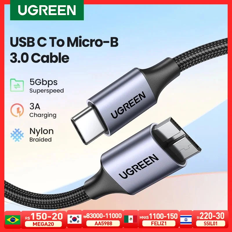 USB C to Micro B 3.0 Cable, 5Gbps 3A, Fast Data Sync Cord For Macbook Hard Drive Disk HDD, SSD Case USB Type C Micro B Cable ,UGREEN