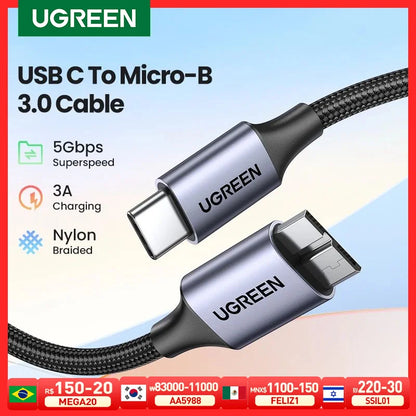 USB C to Micro B 3.0 Cable, 5Gbps 3A, Fast Data Sync Cord For Macbook Hard Drive Disk HDD, SSD Case USB Type C Micro B Cable ,UGREEN