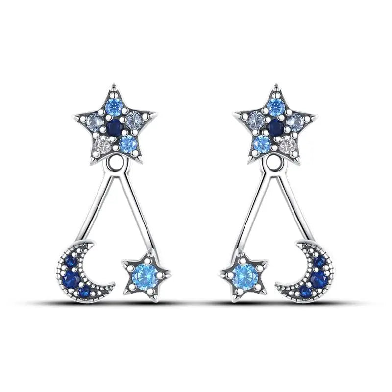 925 Sterling Silver Moon Universe Starry Sky Series Charm Earrings Women Blue Shiny Zircon Daily Wear Jewelry