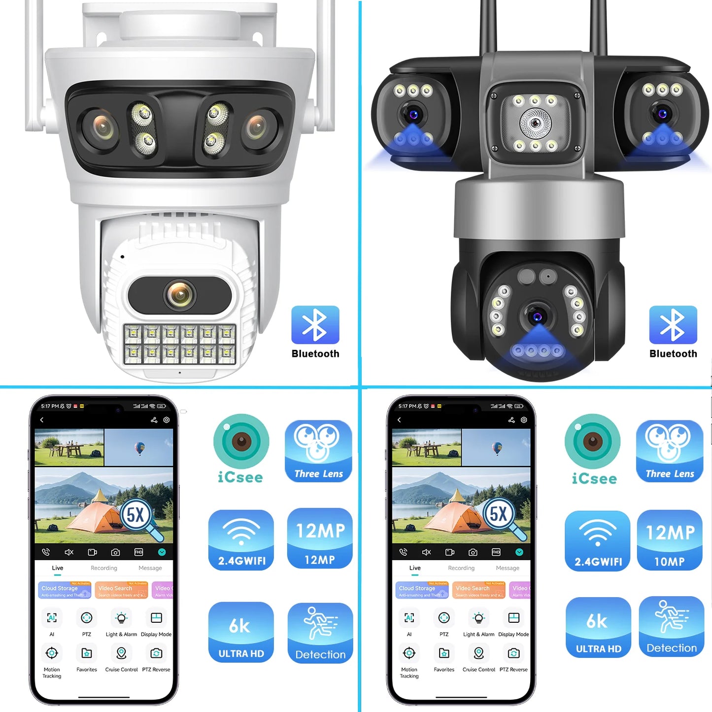 12MP Outdoor WiFi Camera, 6K HD Triple Lens, Triple Screens PTZ IP Security Camera, Human Auto Tracking, Waterproof CCTV Cam ICSEE