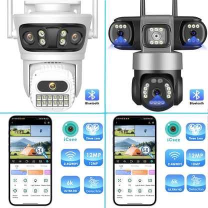 12MP Outdoor WiFi Camera, 6K HD Triple Lens, Triple Screens PTZ IP Security Camera, Human Auto Tracking, Waterproof CCTV Cam ICSEE