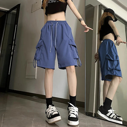 Women High Waist Cargo Shorts, American Style Streetwear, Summer Wide Leg Pants, Fashion Female Big Pocket Loose Shorts New, ZOKI
