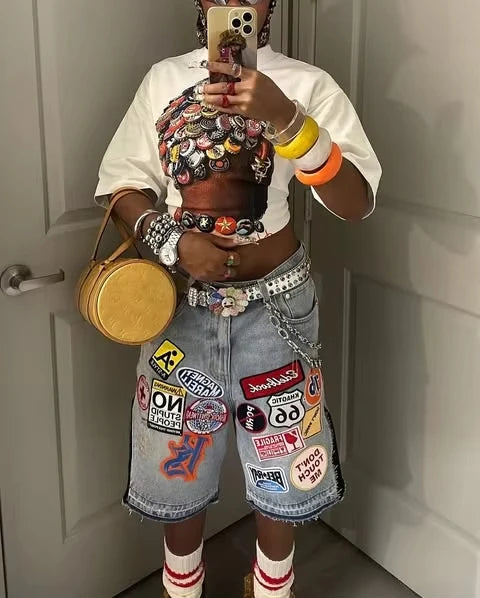 American Retro Denim Shorts, Y2K Jeans Harajuku Hip Hop Cartoon Embroidery Retro Baggy Shorts, Low Waist Sports Basketball Shorts