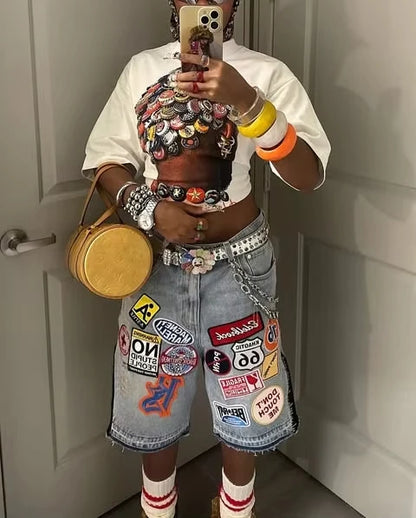 American Retro Denim Shorts, Y2K Jeans Harajuku Hip Hop Cartoon Embroidery Retro Baggy Shorts, Low Waist Sports Basketball Shorts