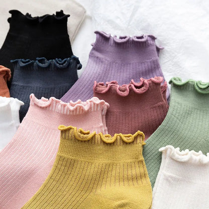 Cotton Women's Socks Frilly Ruffle Socks Spring Summer Casual Ankle Short Boat Socks Loose Knit Solid Color Mid-Calf Socks