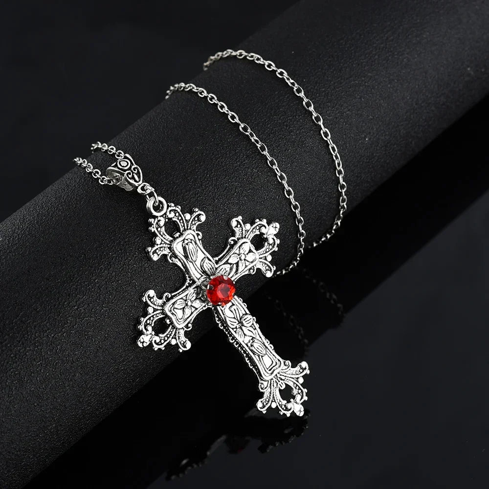 Y2K Punk Crystal Big Cross Pendant Necklaces for Women Men, Gothic Irregular Cross Clavicle Chain Necklaces, Aesthetic Jewelry