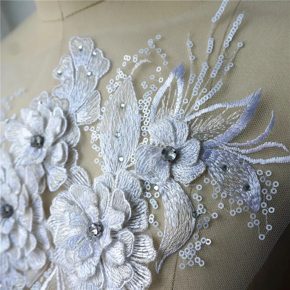 Grey Blue Red 3D Flower Leaf Lace Fabric Sequin Rhinestone Embroidered Gown Appliques Collar Mesh Sew Patch For Wedding Decor