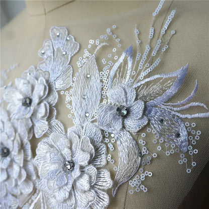 Grey Blue Red 3D Flower Leaf Lace Fabric Sequin Rhinestone Embroidered Gown Appliques Collar Mesh Sew Patch For Wedding Decor