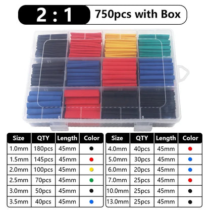 102-750pcs 2:1 Thermoresistant Tube Heat Shrink Wrapping Kit Assorted Wire Cable Insulation Sleeving 3:1 Heat Shrink Tube Set