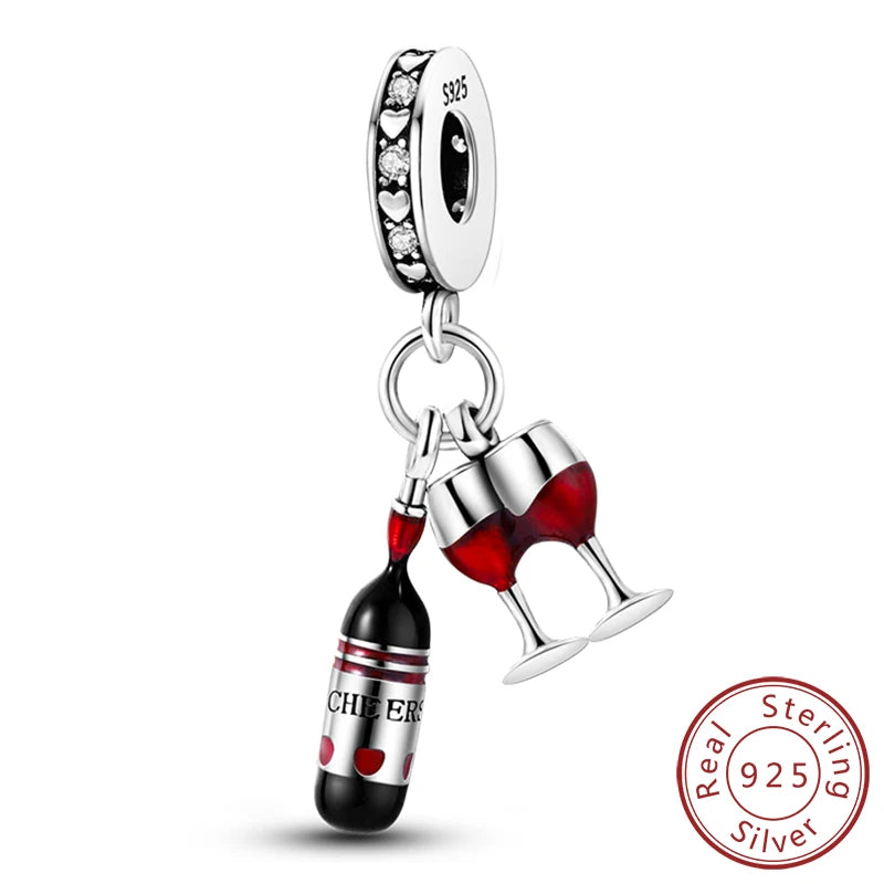Dijes de plata de ley 925 originales, abalorios de cristal de vino, taza de café, dije colgante para pulseras de mujer, joyería DIY, regalo