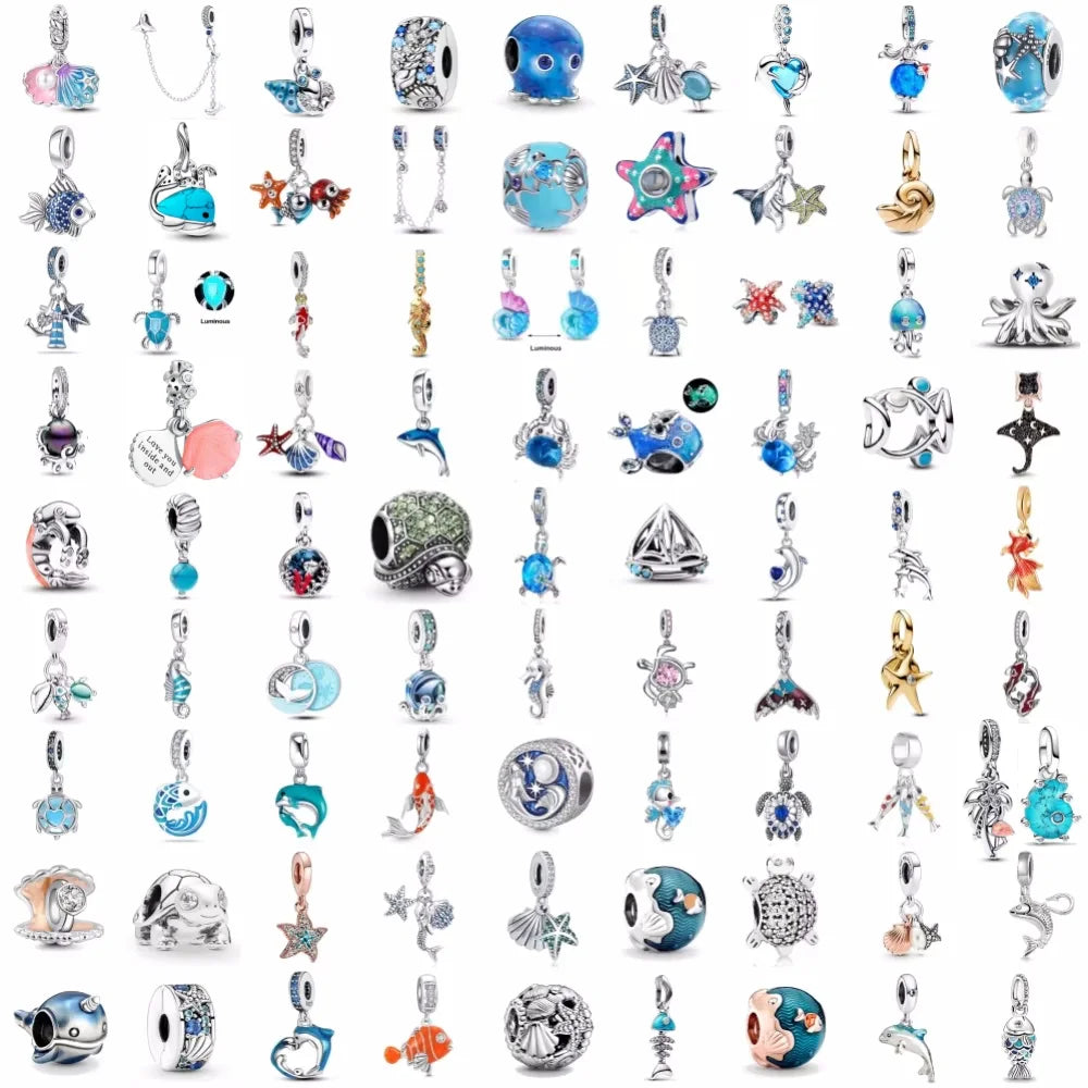 925 Plata Tortuga marina cangrejo Pulpo Dijes Delfín estrella de mar Colgante Ajuste Pulsera Original Mujer DIY Accesorios Joyería Regalo