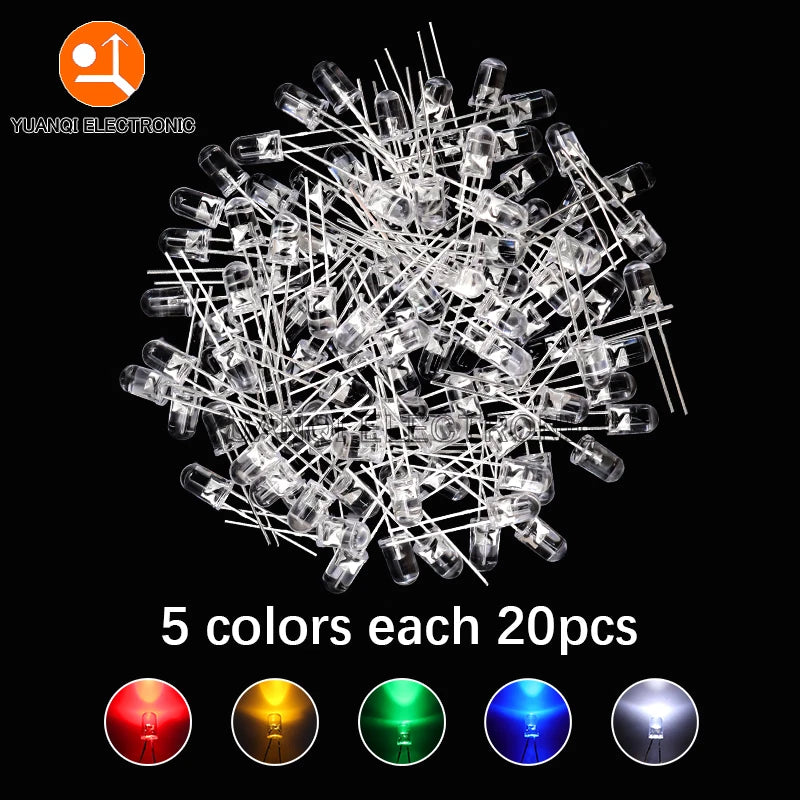 5mm LED Diode, F5 Assorted Kit, White Green Red Blue Yellow Orange Pink Purple Warm White, DIY Light Emitting Diode