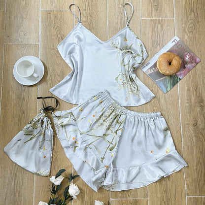 Elegant Floral Print Cami Tops Ruffle Hem Shorts Pajama Set, Women's Sleepwear, Loungewear