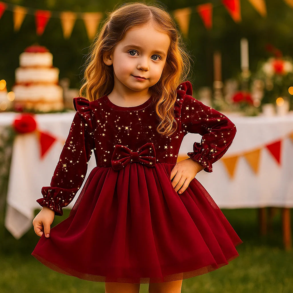 Girl's Autumn Winter Velvet Long-Sleeved Mesh Bow Princess Dress - New Year Children's Party Festive Dress
