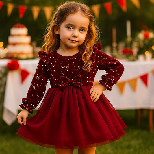 Girl's Autumn Winter Velvet Long-Sleeved Mesh Bow Princess Dress - New Year Children's Party Festive Dress