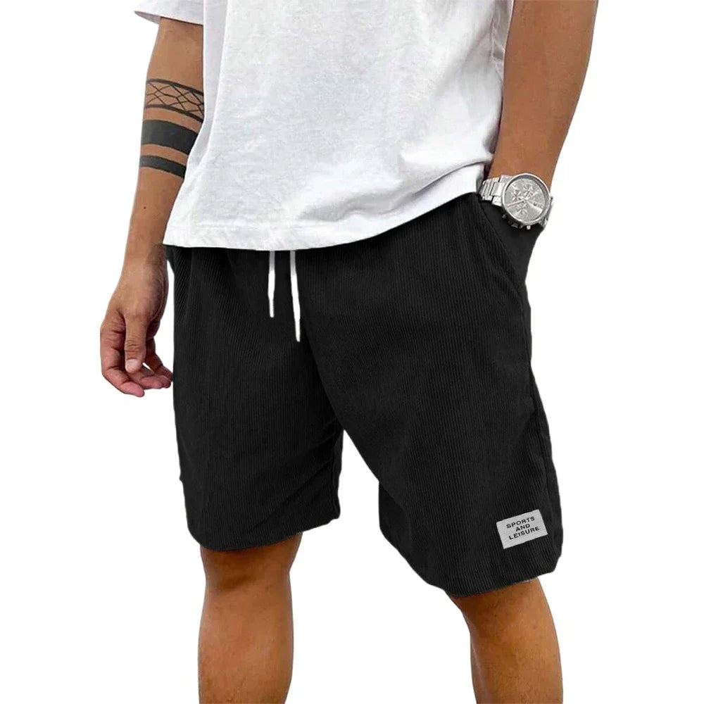 Summer Men's Solid Corduroy Shorts with Drawstring Casual Elastic Waist Fit for Outdoor Daily Activities Streetwear
