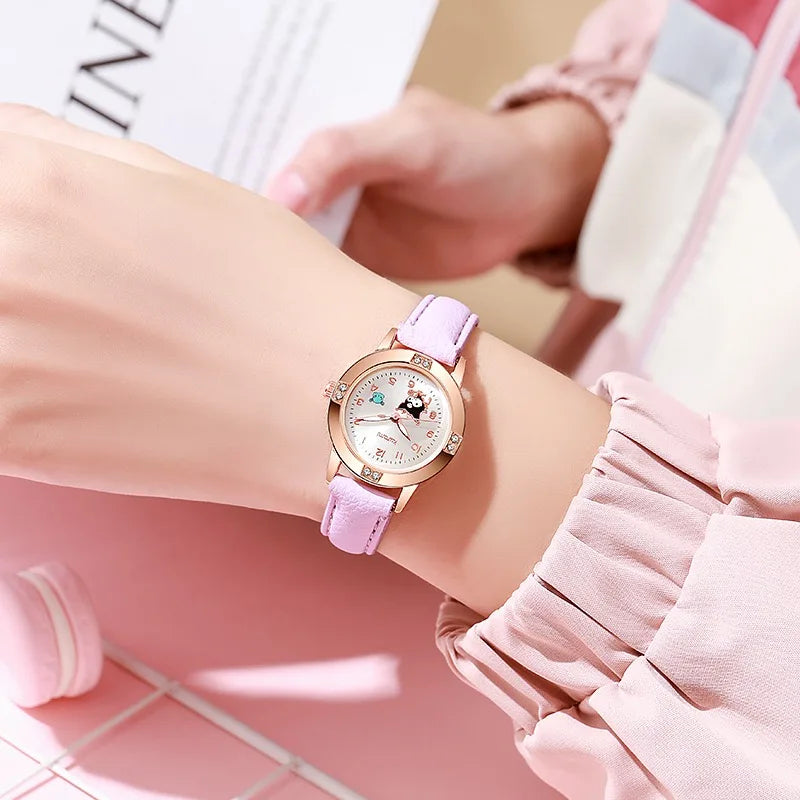 Sanrio Hello Kitty Children's Watch, Cinnamoroll Kuromi My Melody Cute Cartoon Rose Gold Wristwatch with Diamond, Children's Quartz Watch