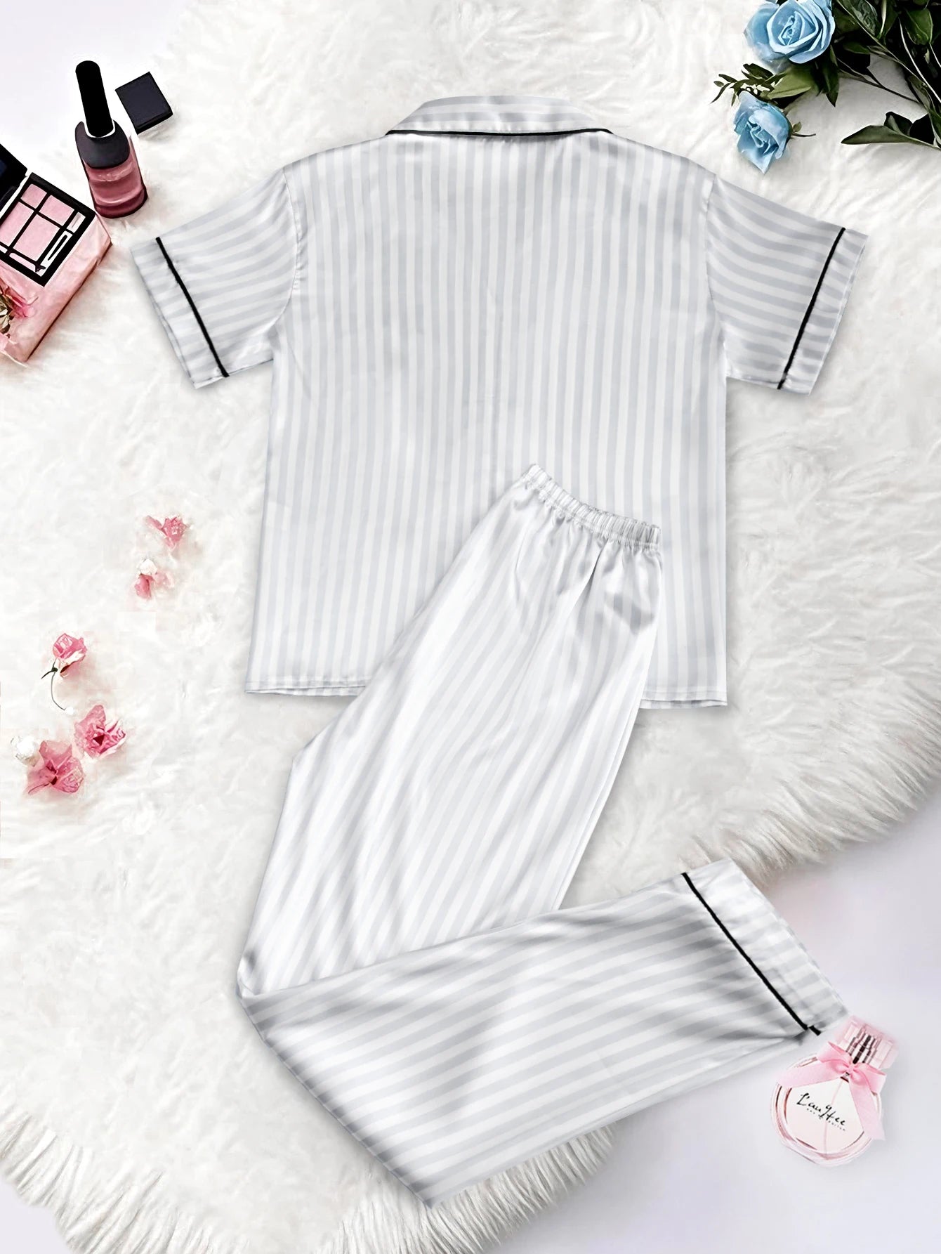 Classic Striped Print And Pocket Letter Short-Sleeve Long Pants Pajama Set, Satin Sleepwear with Lapel Collar and Button Detail