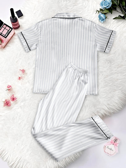 Classic Striped Print And Pocket Letter Short-Sleeve Long Pants Pajama Set, Satin Sleepwear with Lapel Collar and Button Detail