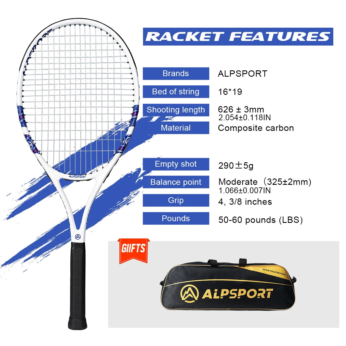 Carbon Fiber Tennis Racket, T800 18K-Professional Grade with Bag&Strap Lightweight Training Racquet for Adults Men&Women, ALPSPORT