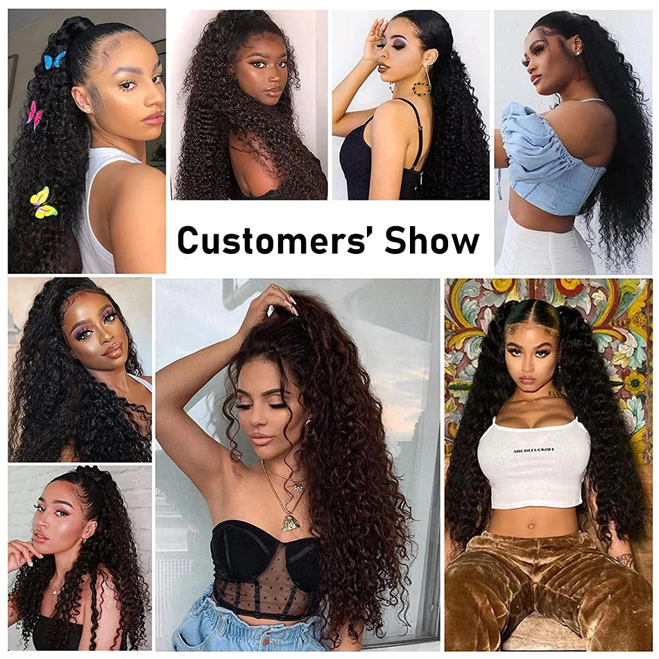 Deep Wave Drawstring Ponytail, Human Hair Ponytails, #1B Natural Black Curly Clip In Hair Extensions For Daily Cosplay, 1 Piece