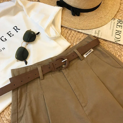 [Delivery belt] Summer new wide leg shorts Thin cotton A-frame shorts Office ladies classic loose casual zipper shorts for women