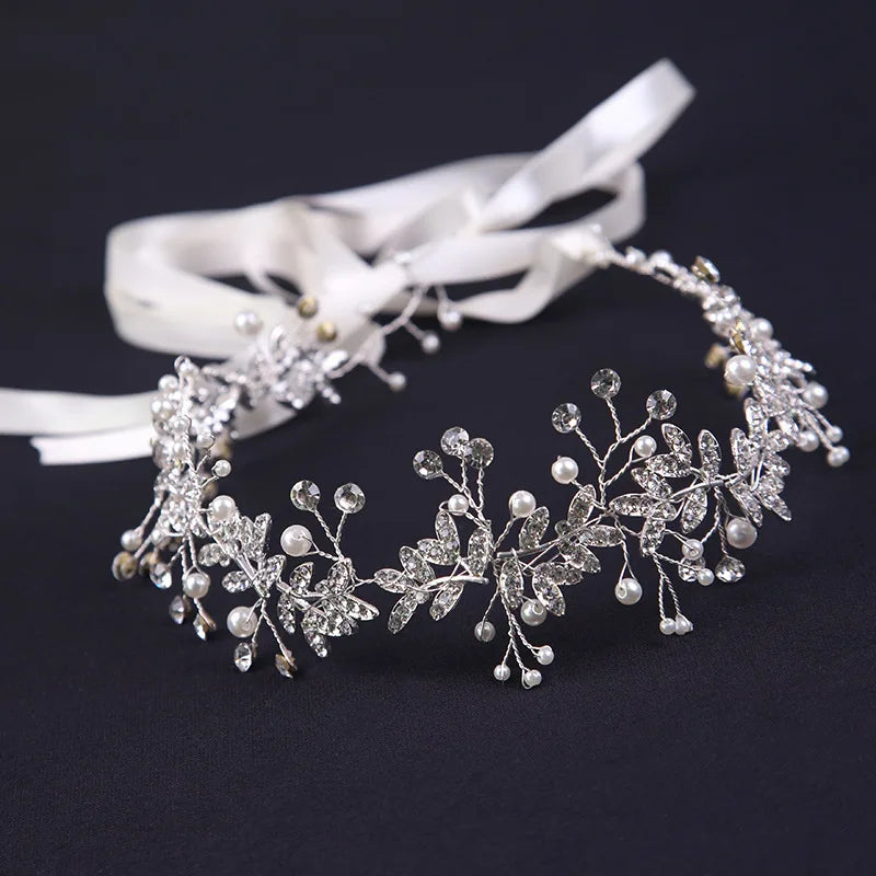 New Crystal Rhinestone Flower Headband, Ribbon Bow Hairband for Bride, Wedding Hair Accessories, Pearl Head Flower Headbands, Women Headwear