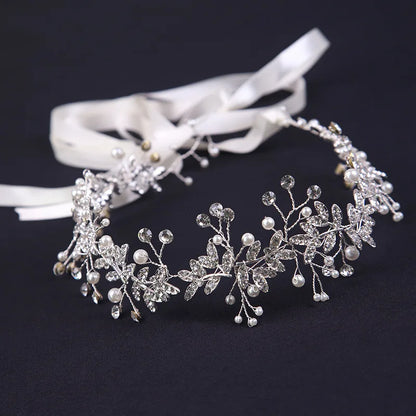 New Crystal Rhinestone Flower Headband, Ribbon Bow Hairband for Bride, Wedding Hair Accessories, Pearl Head Flower Headbands, Women Headwear