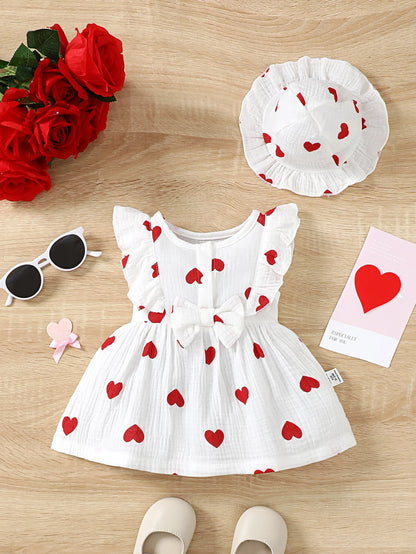 2Pcs, Dress Clothes Set, Newborn Baby Girl Love Print Sleeveless Dress With Hat Summer Fashion Cute Wear for Infant Girl 0-9Months