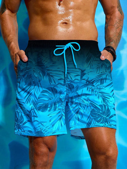 Men's Hawaiian 3D Gradient Palm Tree Pattern Beach Shorts, Quick Dry Outdoor Leisure Sports Shorts, Fashion Men's Shorts
