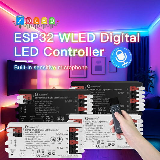 WLED LED Controller, ESP32, Mic Music UART RGB IC Digital Lights Addressable String Lighting, GLEDOPTO