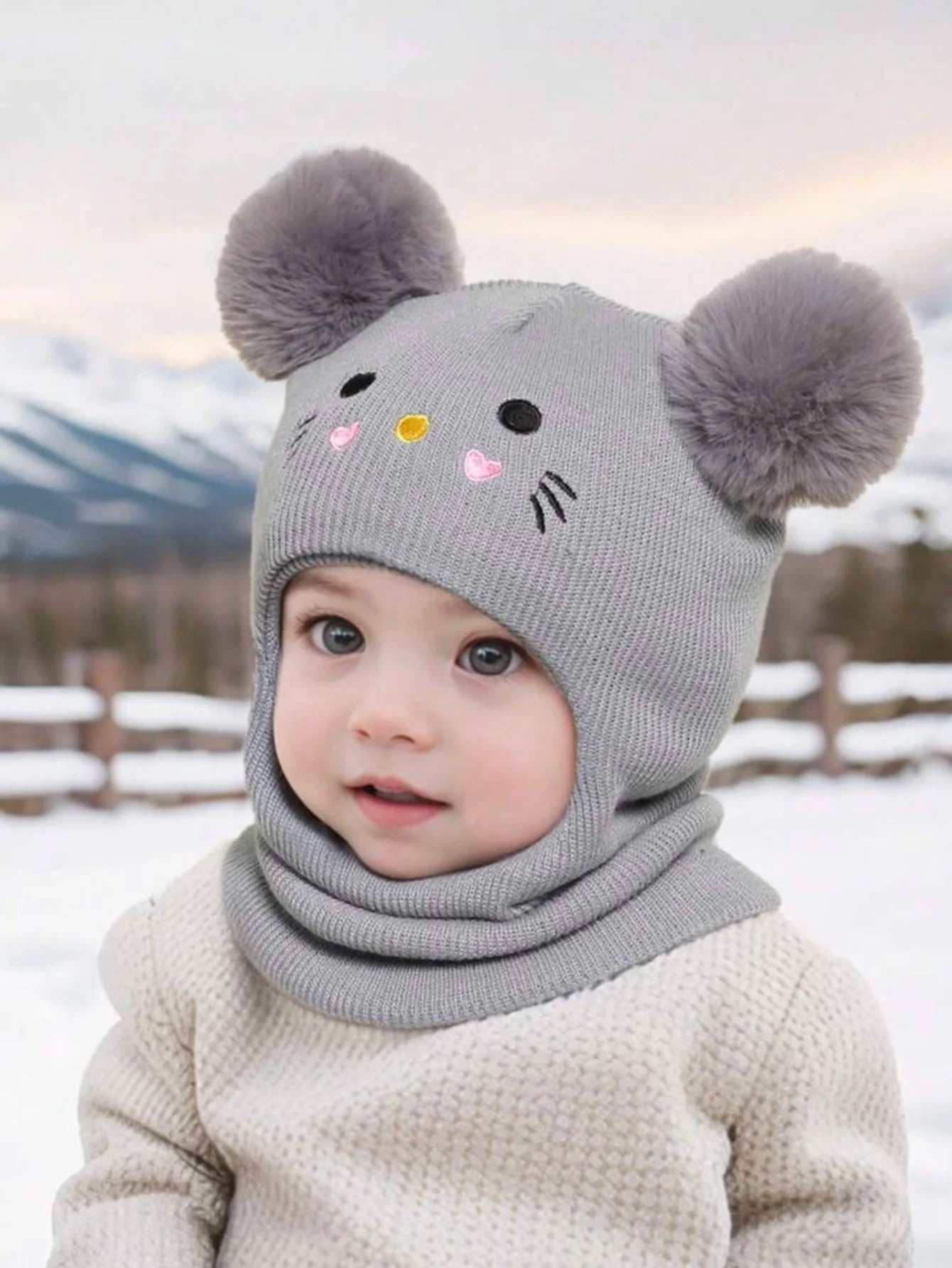 One-piece caps, scarves, and ear protectors for autumn and winter, and embroidered cat headscarves for boys and girls aged 1-6