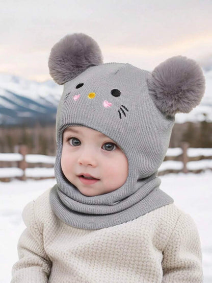 One-piece caps, scarves, and ear protectors for autumn and winter, and embroidered cat headscarves for boys and girls aged 1-6