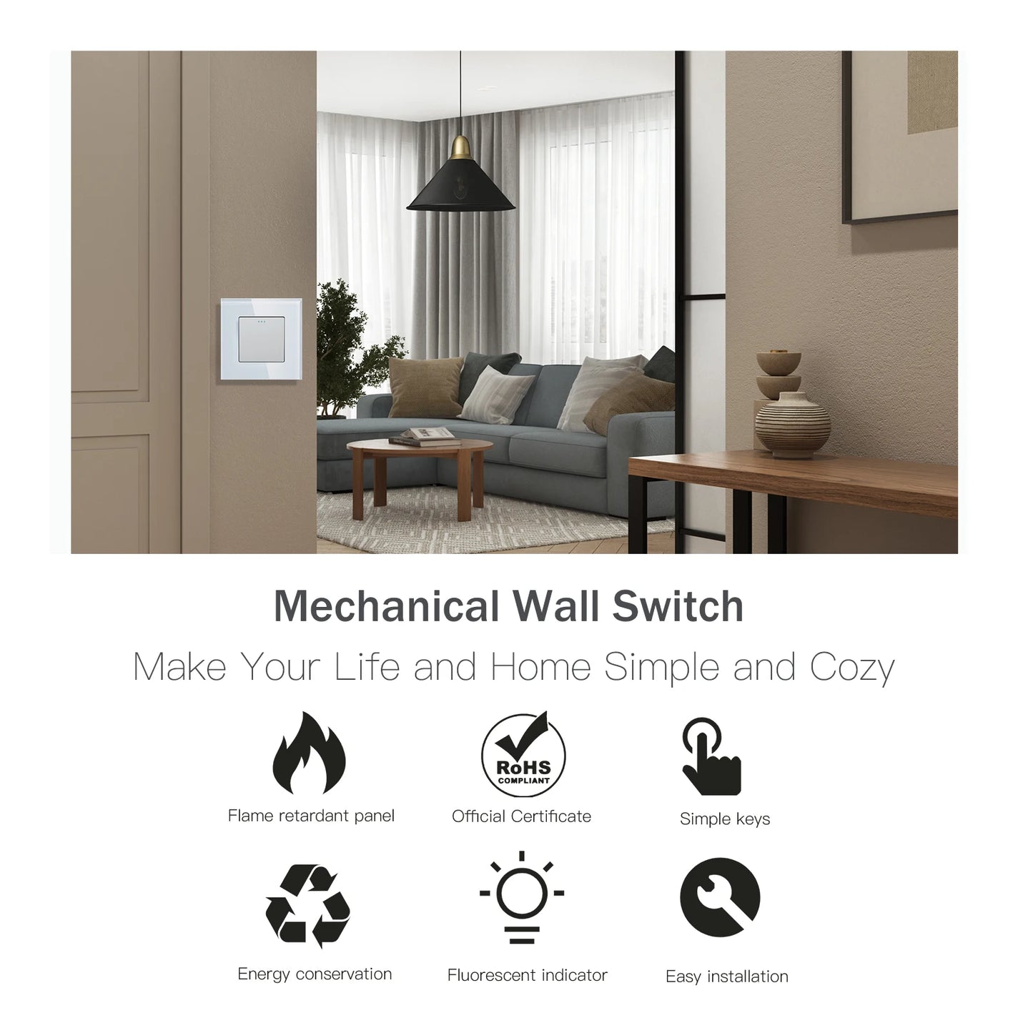 BSEED Mechanical Wall Light Switch Button Switch 1/2/3Gang 1Way Crystal Glass Panel Power Switch Switch On Off 250V White Black