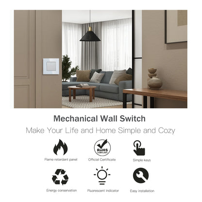 BSEED Mechanical Wall Light Switch Button Switch 1/2/3Gang 1Way Crystal Glass Panel Power Switch Switch On Off 250V White Black