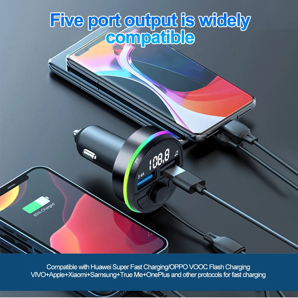 Bluetooth 5.0 FM Transmitter Car MP3 Modulator Player Handsfree Audio Receiver PD+USB Phone Charger With 3 in 1 Charge Cable