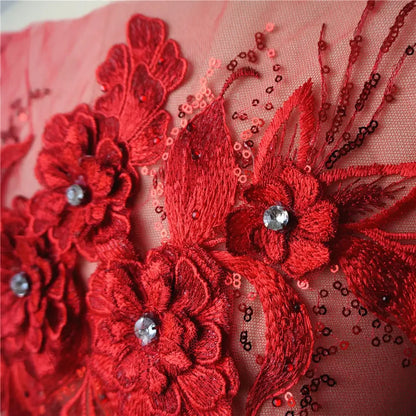 Grey Blue Red 3D Flower Leaf Lace Fabric Sequin Rhinestone Embroidered Gown Appliques Collar Mesh Sew Patch For Wedding Decor