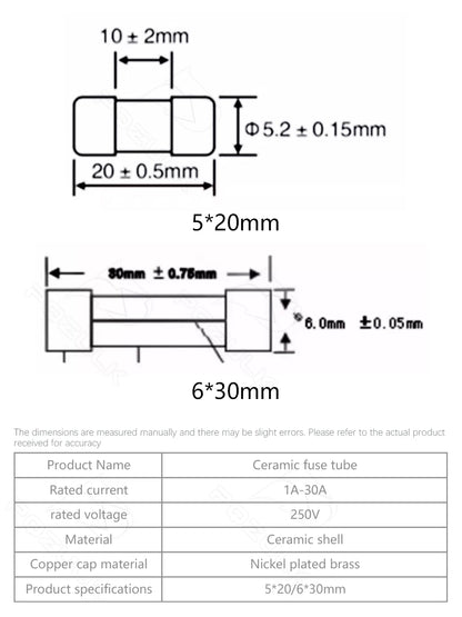 10PCS, 5X20MM 6X30MM Fast Blow Ceramic Fuse, 5*20mm 250V 0.1A 0.25A 0.5A 1A 1.5A 2A 2.5A 3A 3.15A 4A-30A Slow Break The Fuse Tube