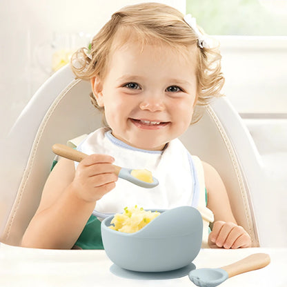 Mamaplan 3PCS Baby Silicone Feeding Set Toddler Suction Bowl Feeding Training Spoon Fork Baby Dishes Plate Baby Accessories
