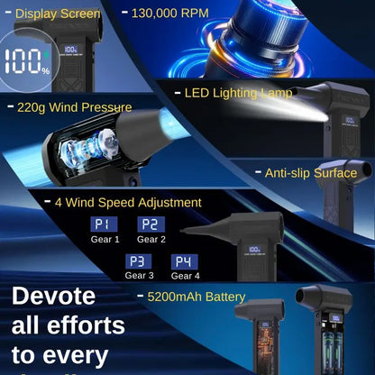 120,000 RPM Electric Turbine Blower, Portable Cordless Hair Dryer, Deep Cleaning Tool for Cars/Electronics/Home
