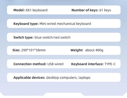 60% Portable Wired Mini Mechanical Keyboard, APAYADO K61 Mini Wired Keyboard, 61 Keys Phantom RGB, Black, White, Red, Red/Blue Switch