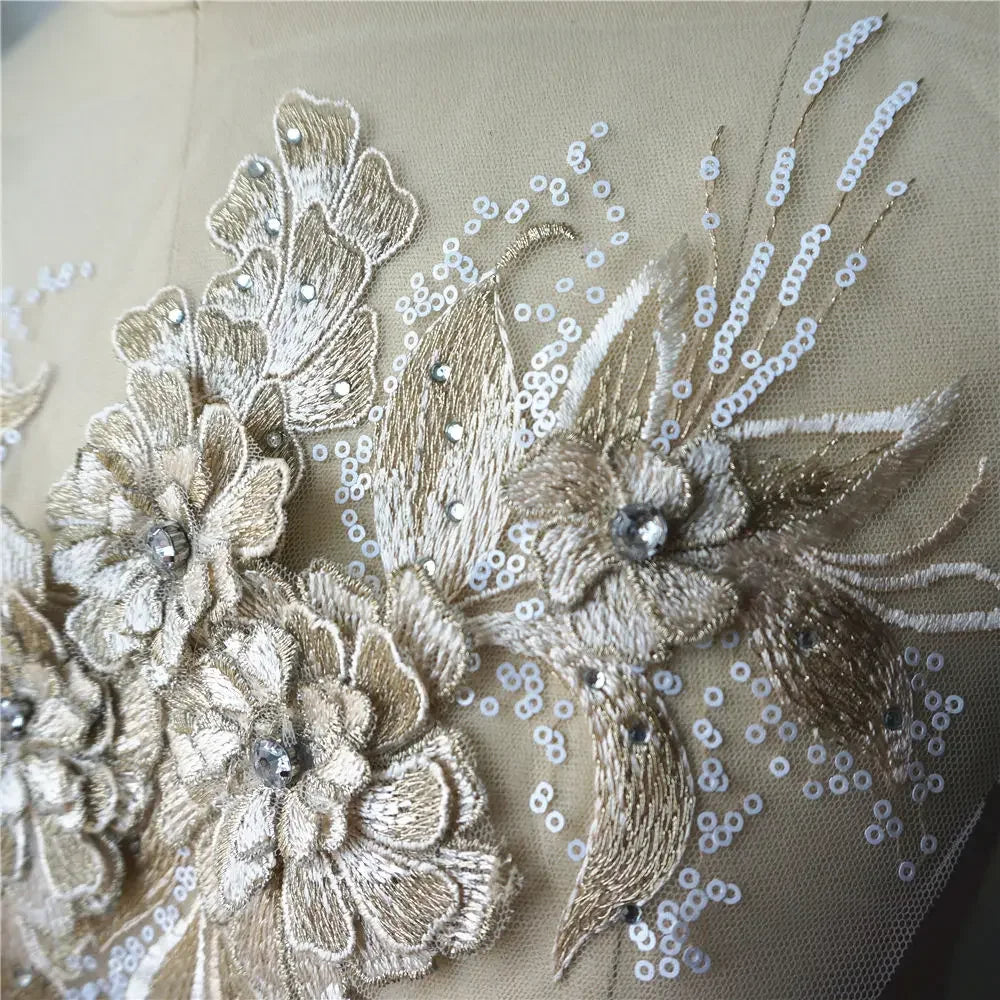 Grey Blue Red 3D Flower Leaf Lace Fabric Sequin Rhinestone Embroidered Gown Appliques Collar Mesh Sew Patch For Wedding Decor