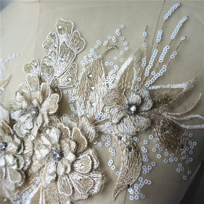Grey Blue Red 3D Flower Leaf Lace Fabric Sequin Rhinestone Embroidered Gown Appliques Collar Mesh Sew Patch For Wedding Decor