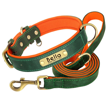 Customized Leather Dog Collar Leash Set, Soft Padded Leather Collar For Small Medium Large Dogs With Free Engraved Nameplate