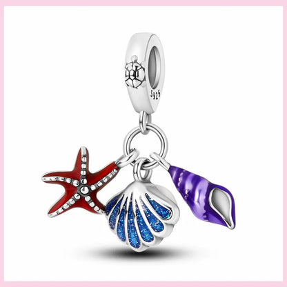 PAMELA 925 Sterling Silver Sea Turtle Starfish Blue Charm Dolphin Octopus Shell Bead For Original Charms Bracelets Ocean Jewelry