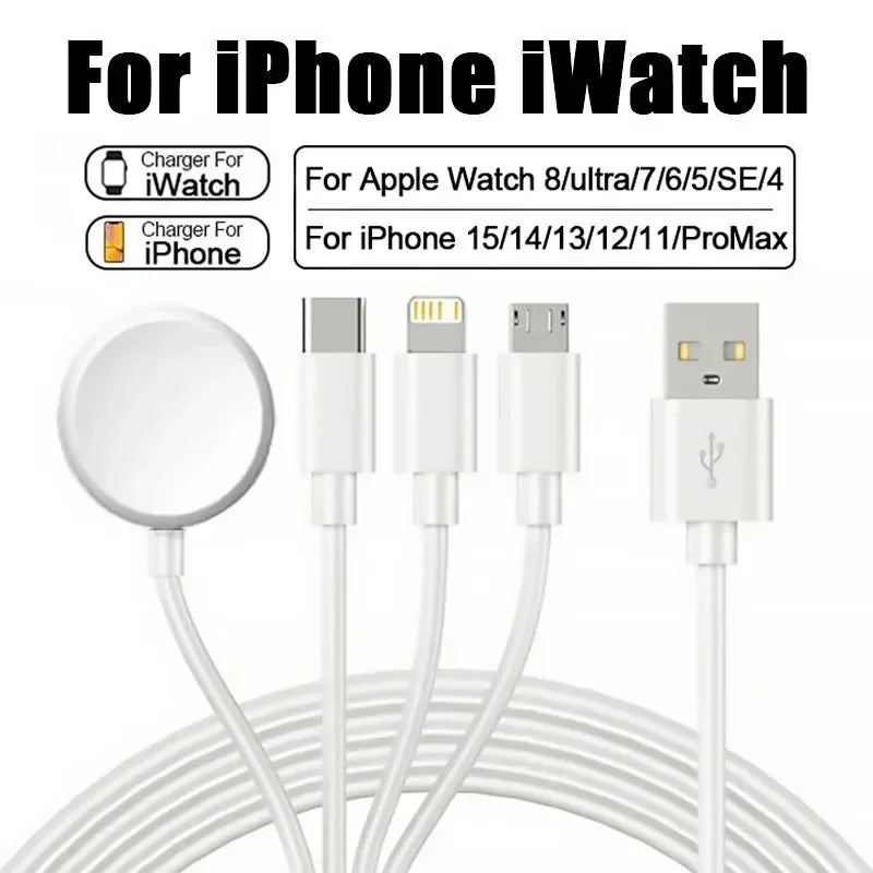 Portable 4-in-1 Magnetic Watch Wireless Charger Charging Data Cable for iPhone 15 14 13 12 11 Pro Max iWatch 8 Ultra 7 6 SE 5 4