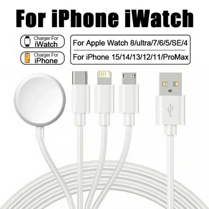 Portable 4-in-1 Magnetic Watch Wireless Charger Charging Data Cable for iPhone 15 14 13 12 11 Pro Max iWatch 8 Ultra 7 6 SE 5 4