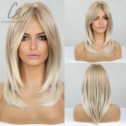 CharmSource Blonde Long Hair Natural Straight Wig, Synthetic Wigs  for Women Daily Party High Density