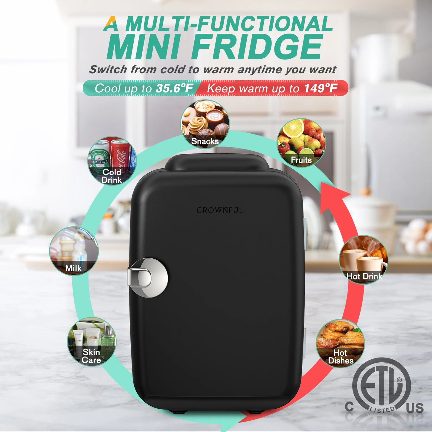 Crownful 4L Mini Fridge 110V 220V Beauty Makeup Skincare Refrigerator AC/DC Heated Cooling Beauty Refrigerator Car Mini Fridge