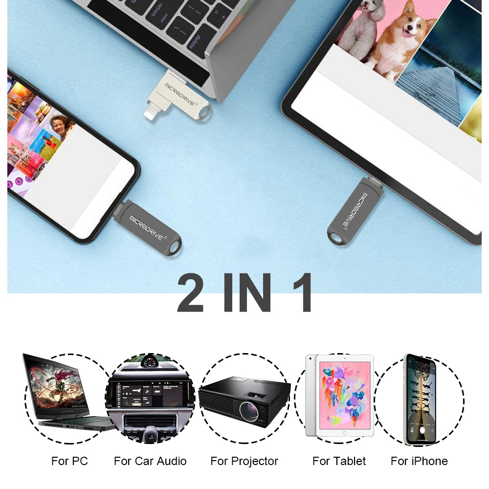 OTG Flash Drive USB 3.0 for iPhone with 2-in-1 USB-to-Lightning & USB 3.0 Pendrive for iPhone 6/7/8/11/12/13/14 / for iPad